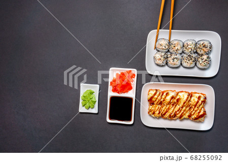 sushi with soy sauce pickled ginger, served on stone background. Top view, flat lay. copyspace 68255092