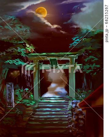 満月の夜の恐怖を感じさせる神社の鳥居のイラスト素材