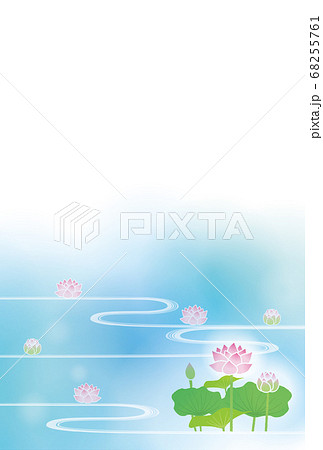 水面に浮かぶ蓮と流水模様のハガキのイラスト素材