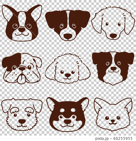 色々な犬の顔セット 主線のみ白抜きのイラスト素材