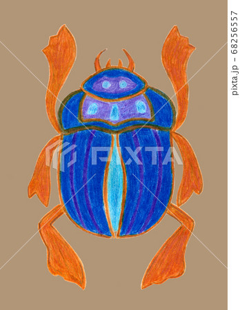 Blue scarab isolated on beige background. Ancient sacred insect. Egyptian culture. Bug Symbol of the sun. Beetle logotype. Hand drawn illustration. Colored pencils technique 68256557