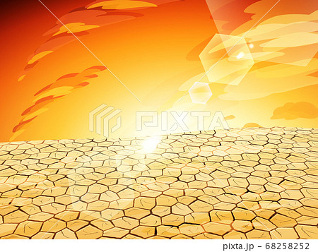 荒地の背景 乾燥してひび割れた大地の風景イラスト 夕焼けのイラスト素材 6552