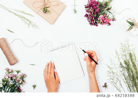 Flat lay festive composition female hands 68258388
