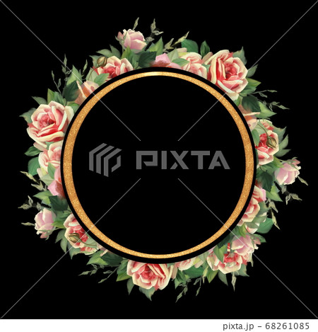 Pink roses. Round frame. Old painting style 68261085