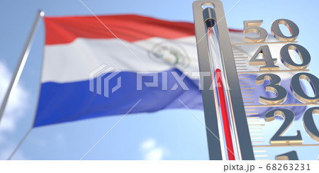 Thermometer shows high air temperature against blurred flag of Paraguay. Hot weather forecast related 3D rendering 68263231