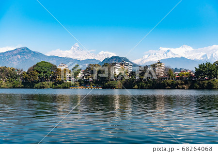 View at Annapurna mountain range in Phewa lake in Pokhara, Nepal 68264068