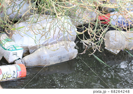 川に捨てられたゴミの写真素材
