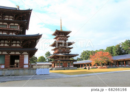 晩秋の奈良薬師寺の西塔と金堂 68266198