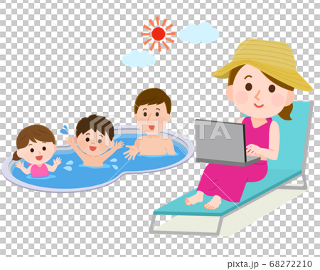 ワーケーション　旅行先で仕事をする女性　遊ぶ家族　イラスト 68272210