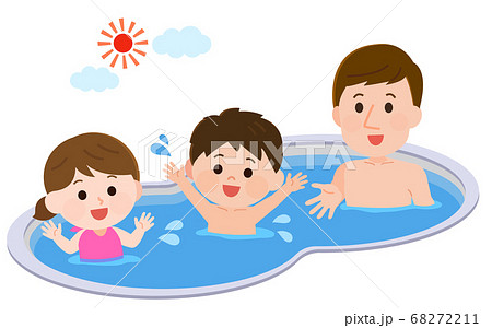 プールで遊ぶ子供と父親 イラストのイラスト素材