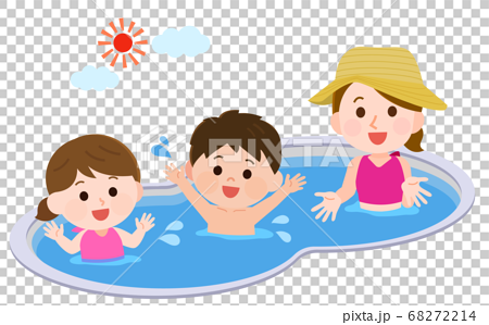 プールで遊ぶ子供と母親 イラストのイラスト素材