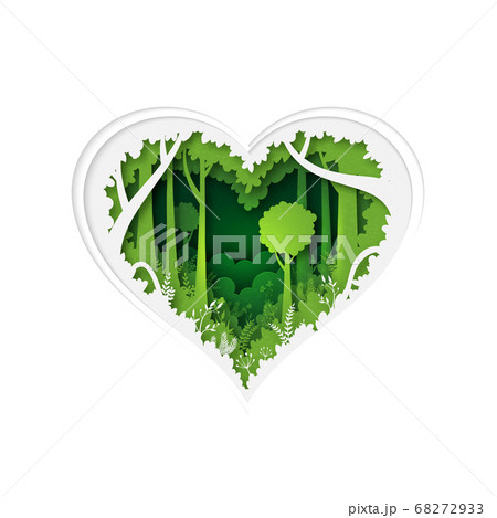 Heart shape of green jungle tropical rain forest nature landscape background paper art style.Vector illustration. 68272933