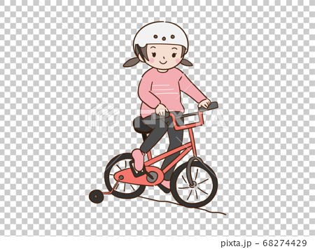 補助輪付き自転車に乗っている子供 女の子のイラスト素材