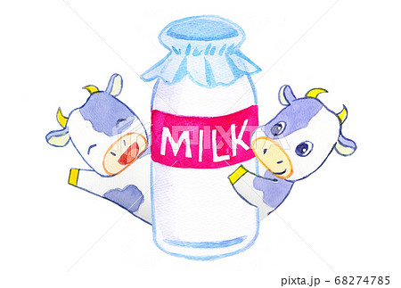 牛乳瓶と牛のイラスト素材