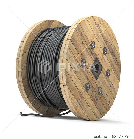 Black wire electric cable on wooden coil or spool 68277056
