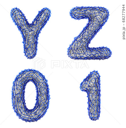 Realistic 3D letters set Y, Z, 0, 1 made of blue plastic. 68277944