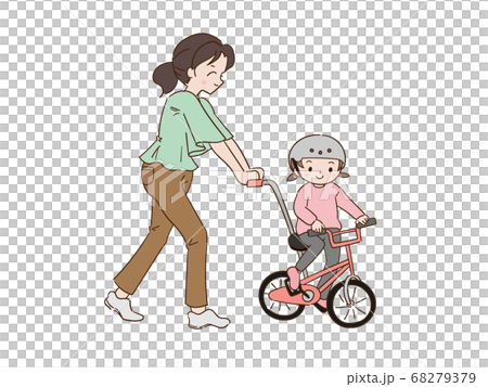 自転車に乗る練習をしている親子 女の子のイラスト素材