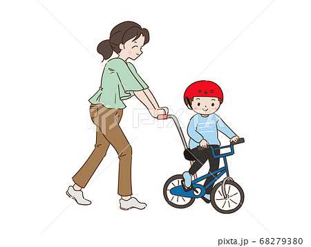 自転車に乗る練習をしている親子 女の子のイラスト素材