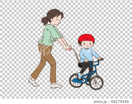 自転車に乗る練習をしている親子 女の子のイラスト素材