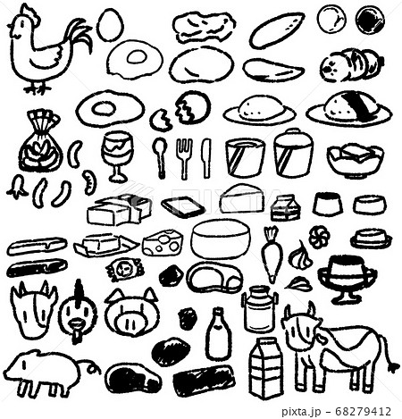 精肉食品 手描き風シルエット ベクター素材 セット 68279412