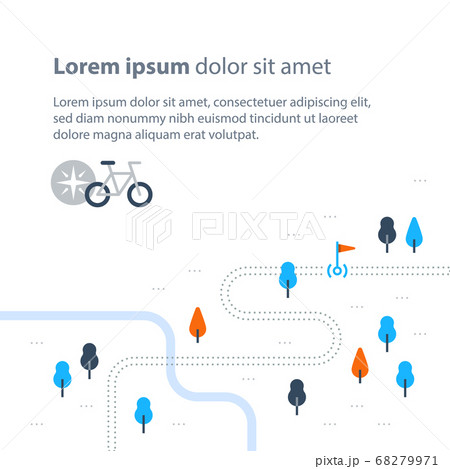 Outdoor biking, trail map with flag, cycling route 68279971