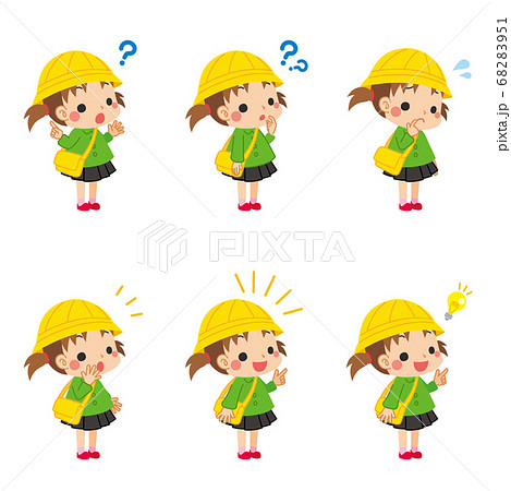 可愛い幼稚園児の女の子の疑問から解決までの表情バリエーションセットのイラスト素材 6951