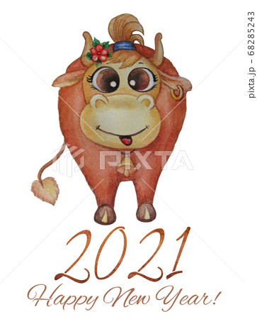 Cute cow. Vertical poster Happy New Year 2021. Funny brown cow with an earring in his ear and a bell in his neck. Watercolor on a white background. 2021 year of the bull.  68285243