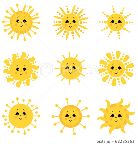Cute Sun. Icon Vector Set. Drawn funny drawings. Different Funny Suns with faces and eyes. Vector 68285263