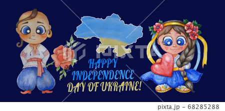 Childrens watercolor illustrations. A Ukrainian Cossack boy and a girl in a national costume against the background of a yellow-blue map of Ukraine. Congratulations on the Independence Day. Watercolor Childrens watercolor illustrations. A Ukrainian Cossack boy and a girl in a national costume against the background of a yellow-blue map of Ukraine. Congratulations on the Independence Day. Watercolor 68285288