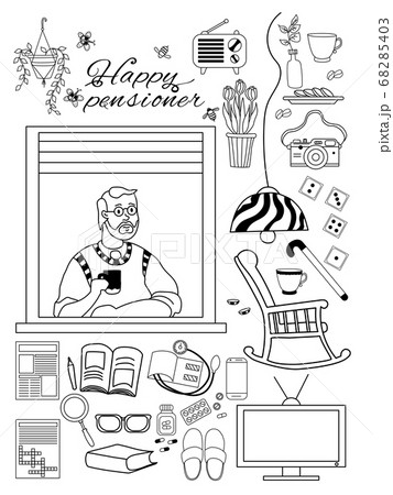 Elderly man. Happy elderly man at In the apartment window and things for a cozy pensioner life. Home appliances and rocking chairs, slippers and medicines, books and crosswords, Contour Elderly man. Happy elderly man at In the apartment window and things for a cozy pensioner life. Home appliances and rocking chairs, slippers and medicines, books and crosswords, Contour 68285403
