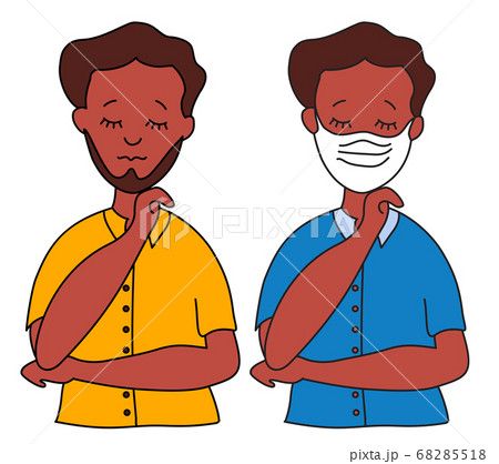 A man with a beard in a medical mask of ethnicity. And a man without a mask on his face with his eyes closed in a bright shirt with dark skin. Protection against viruses, COVID-19, air pollution 68285518