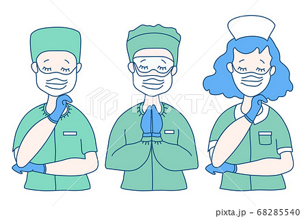 Surgeon, doctor and nurse in medical green clothes and virus protection equipment - mask, glasses and blue gloves. The doctor crossed his arms, closed his eyes, and prayed. Medicine, God and people 68285540