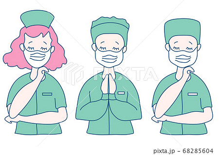 Surgeon, doctor and nurse in medical green clothes and virus protection products - mask. The doctor crossed his arms, closed his eyes, and prayed. Medicine, God and people. Vector illustration  68285604