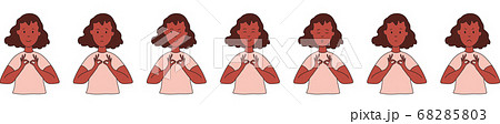 Different emotions. Ethnic background A woman practices yoga and meditation. Facial expressions. Joy, sadness, anger, funny, fear, smile. Vector illustration flat design. Cartoon. 68285803