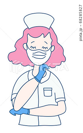 Nurse in medical white workwear, mask and blue gloves with closed eyes. A medical officer saves people from the virus. Vector drawing of a flat man Nurse in medical white workwear, mask and blue gloves with closed eyes. A medical officer saves people from the virus. Vector drawing of a flat man 68285827