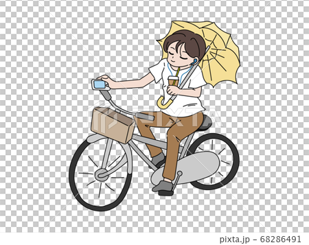 傘を差しながら自転車を走行する人 危険運転のイラスト素材