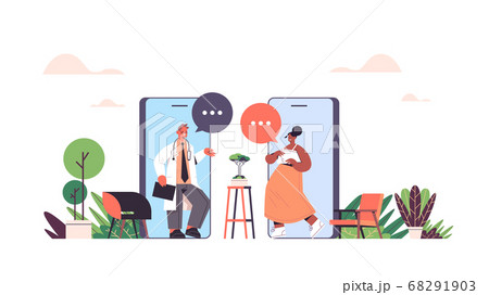 mix race doctors in smartphone screend discussing during video call chat bubble communication online consultation 68291903