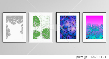 Realistic vector set of picture frames in A4 format isolated on gray background. Tropical palm leaves, shadow of tropical jungle leaves. Floral pattern backgrounds. 68293191