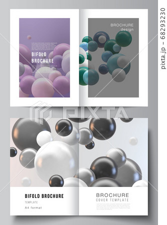 Vector layout of two A4 cover mockup templates for bifold brochure, flyer, magazine, cover design, book design. Abstract vector futuristic background with colorful 3d spheres, glossy bubbles, balls. Vector layout of two A4 cover mockup templates for bifold brochure, flyer, magazine, cover design, book design. Abstract vector futuristic background with colorful 3d spheres, glossy bubbles, balls. 68293230