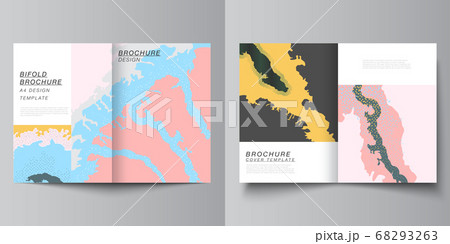 Vector layout of two A4 cover mockups design templates for bifold brochure, flyer, cover design, book design, brochure cover. Japanese pattern template. Landscape background decoration in Asian style. 68293263