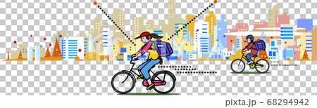 秋の街をフードデリバリー をする自転車宅配 68294942