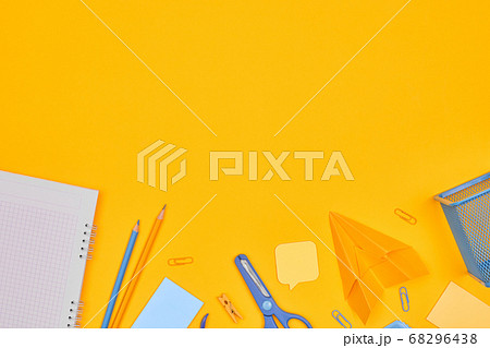 minimalism yellow-blue stationery on yellow background school, university, flat layer, copy space one minimalism yellow-blue stationery on yellow background school, university, flat layer, copy space one 68296438