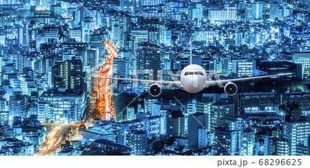 Airplane frying over the Japan cityscape Airplane frying over the Japan cityscape 68296625