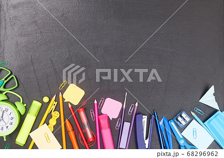back to school, multicolored school supplies, rainbow on school board, flatlay, copyspace 68296962