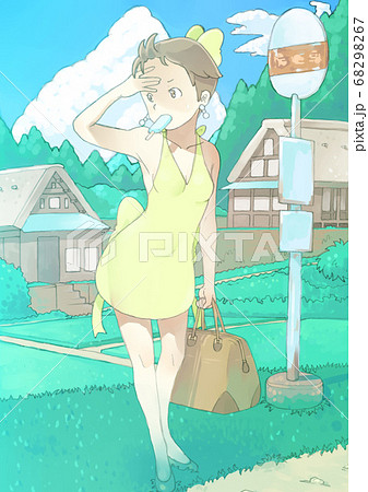 夏に田舎の実家でバスを待っている女の子のイラストのイラスト素材 6967