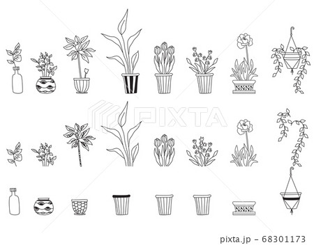 Set of different indoor plants. House of flowers and human hobbies. Botanical set - flowerpots, pots, flowers, leaves. Isolated elements and different options. Vector line drawings. 68301173