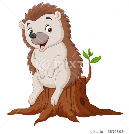 Cartoon little hedgehog sitting on tree stump 68303034