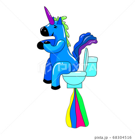 Unicorn smiling pooping a rainbow, fantasy cute character beast multicolored shit turd. Vector illustration isolated cartoon style 68304516