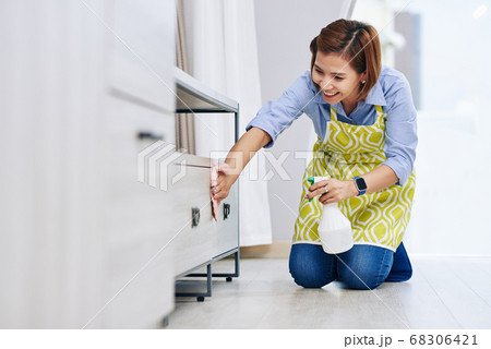 Housewife wiping cabinet doors Housewife wiping cabinet doors 68306421