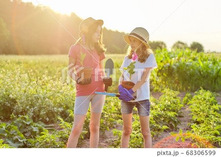 Portrait of two girls children with flowers in pots, gloves, with garden shovels 68306599